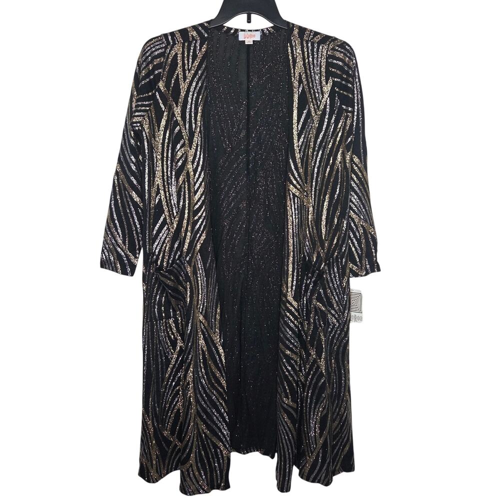 LuLaRoe Elegant Sarah Black Silver Gold Glitter Long Cardigan Duster NWT Medium